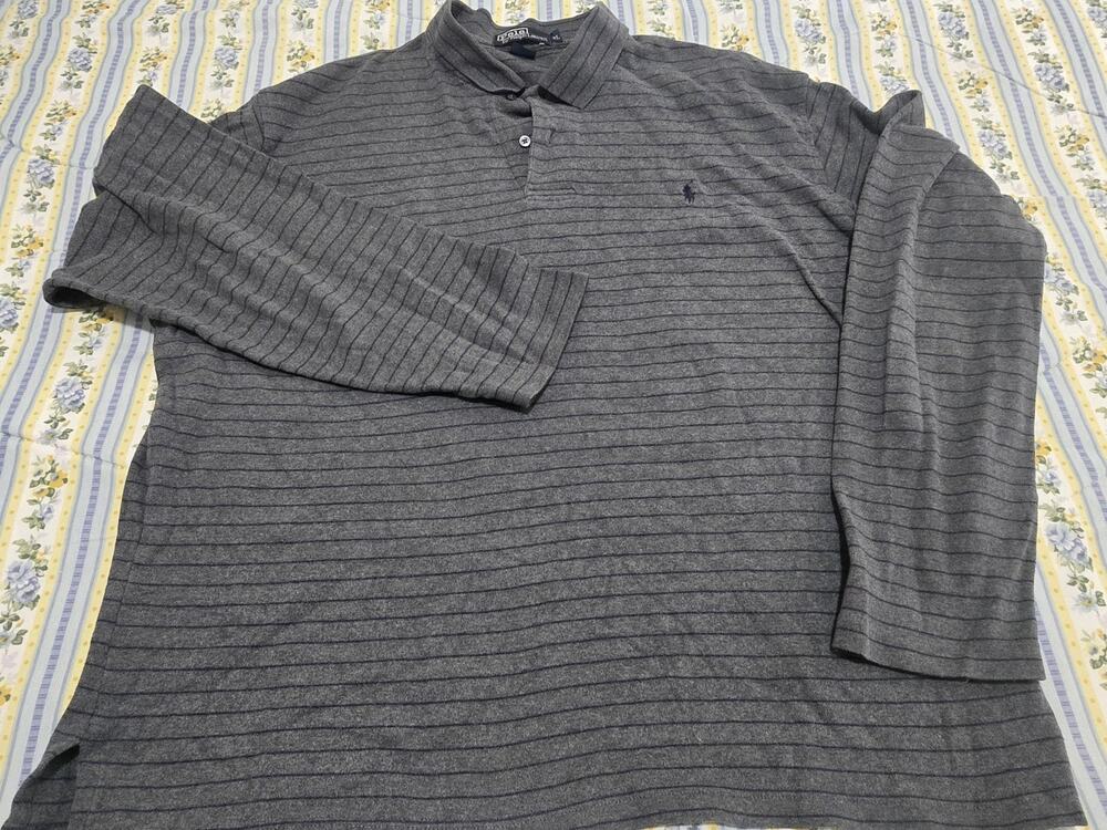 Polo Ralph Lauren XL Gray Navy Blue Long Sleeve Polo Shirt Pony Logo